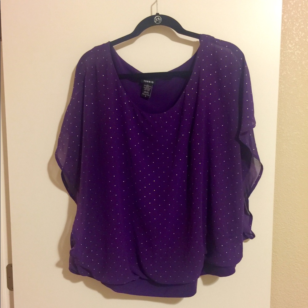EUC. Purple Foil Pin Dots Chiffon Dolman Top